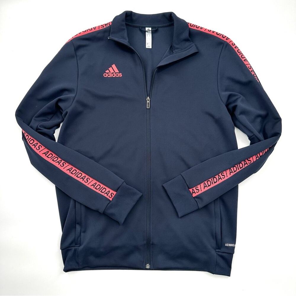 Adidas Men's Navy Full Zip Track Jacket with Pink Accents Size Medium